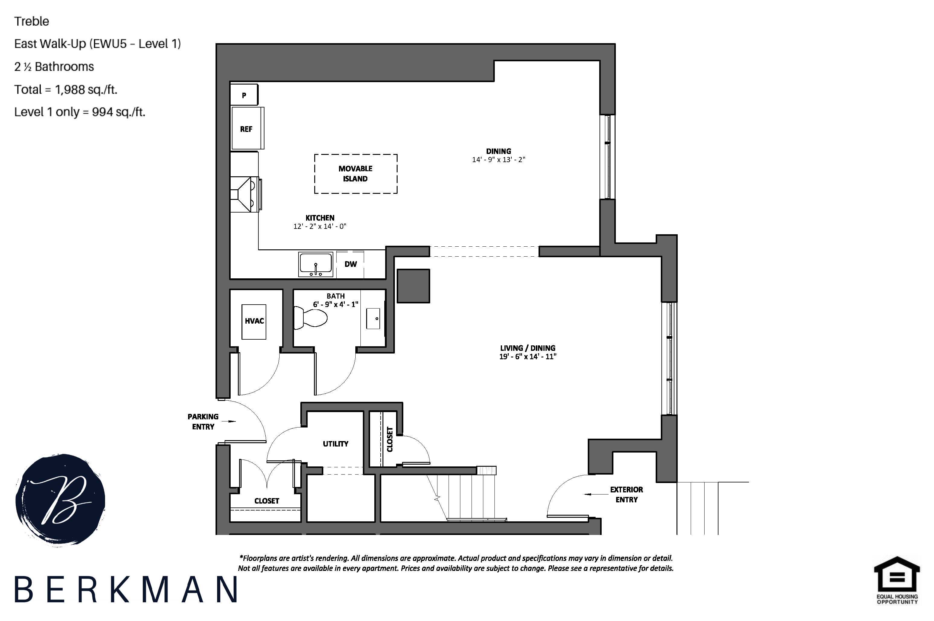 Floor plan for 2 beds, 2.5 baths, 1968 sqft